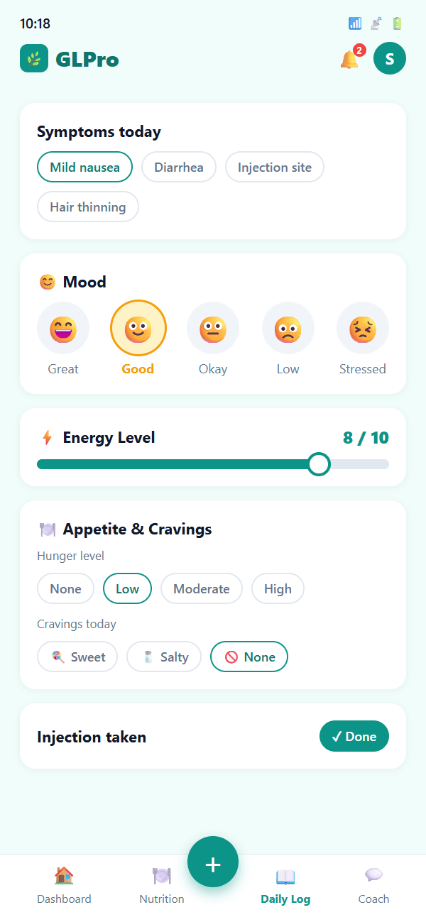 GLPro daily log with mood, energy, and symptom tracking