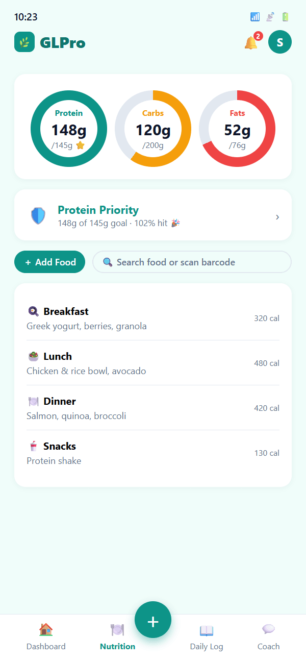 GLPro nutrition screen with protein priority and meal logging
